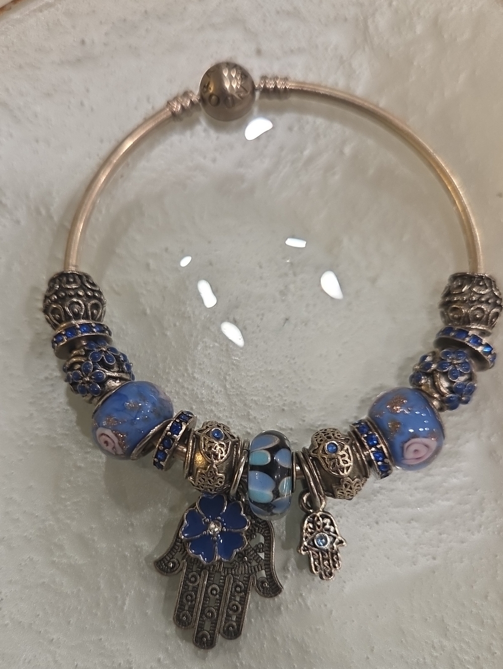 Pandora Silver Blue Glass Bead Hamsa Charm Bracelet - Women Jewelry